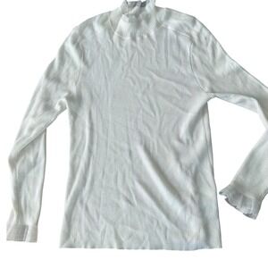 Anne Klein White Ribbed Mock Neck Top Mesh Ruffle Trim Womens M